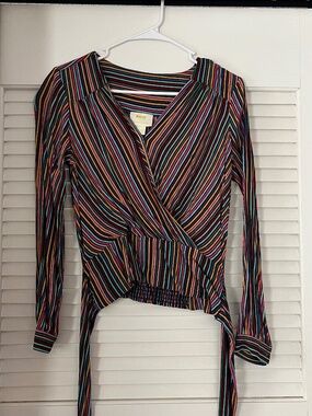 Maeve Lisa Rainbow Striped Banded Wrap Top with Shirred Back - US 2